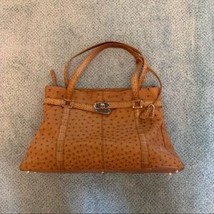 Brown Ostrich Leather Handbag with Gold Hardware